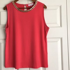 Calvin Klein Tomato Red dressy sleeveless top. Gold chain around neckline, Sz. L